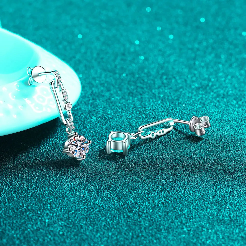 Silver link moissanite drop earrings with 925 sterling silver and sparkling stones.