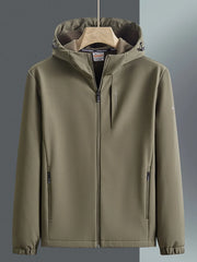 Khaki hooded windbreaker jacket with zippered pockets and fleece-lined hood.