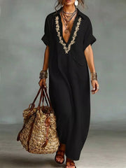 Full Size Bohemian Embroidered Maxi Dress in Black, model styling view
