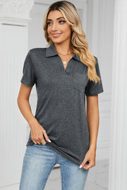 Dark Gray V-neck polo tee with short sleeves and a chest pocket.