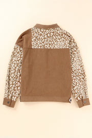 Camel corduroy jacket with leopard print panels on sleeves and yoke, buttoned cuffs.