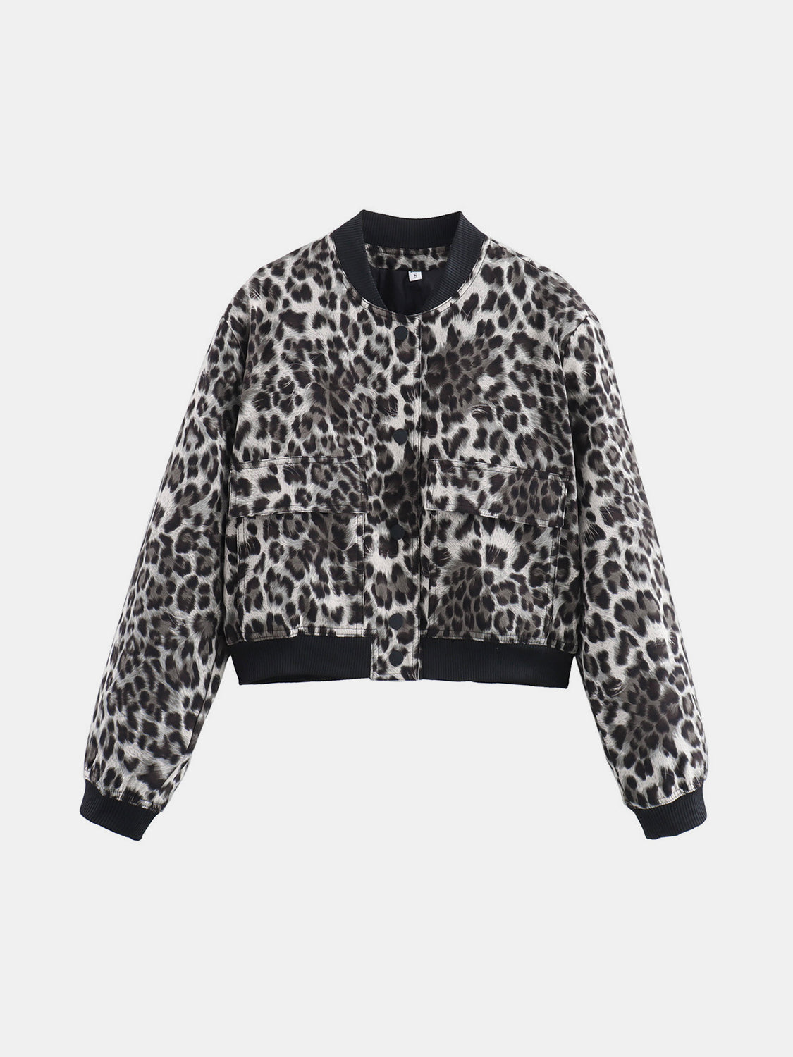Boxy bomber jacket in leopard print with black trim and two front pockets.