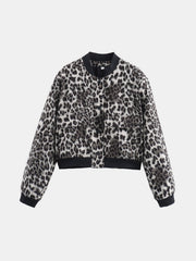 Boxy bomber jacket in leopard print with black trim and two front pockets.