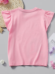 Baby girls blush pink t-shirt with ruffled cap sleeves and a round neckline.