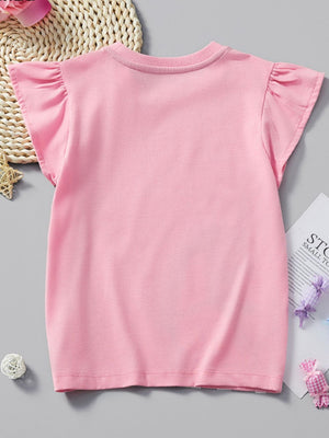 Baby girls blush pink t-shirt with ruffled cap sleeves and a round neckline.