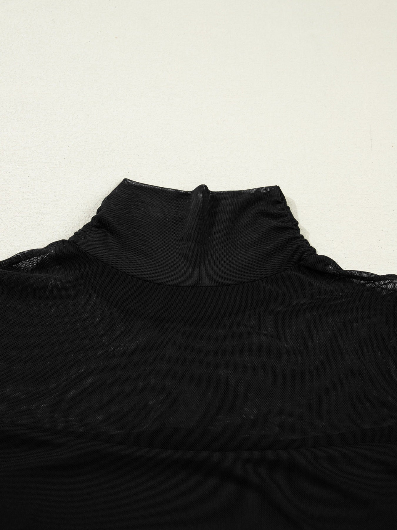 Black sheer mesh maternity shirt with ruched high neck detail