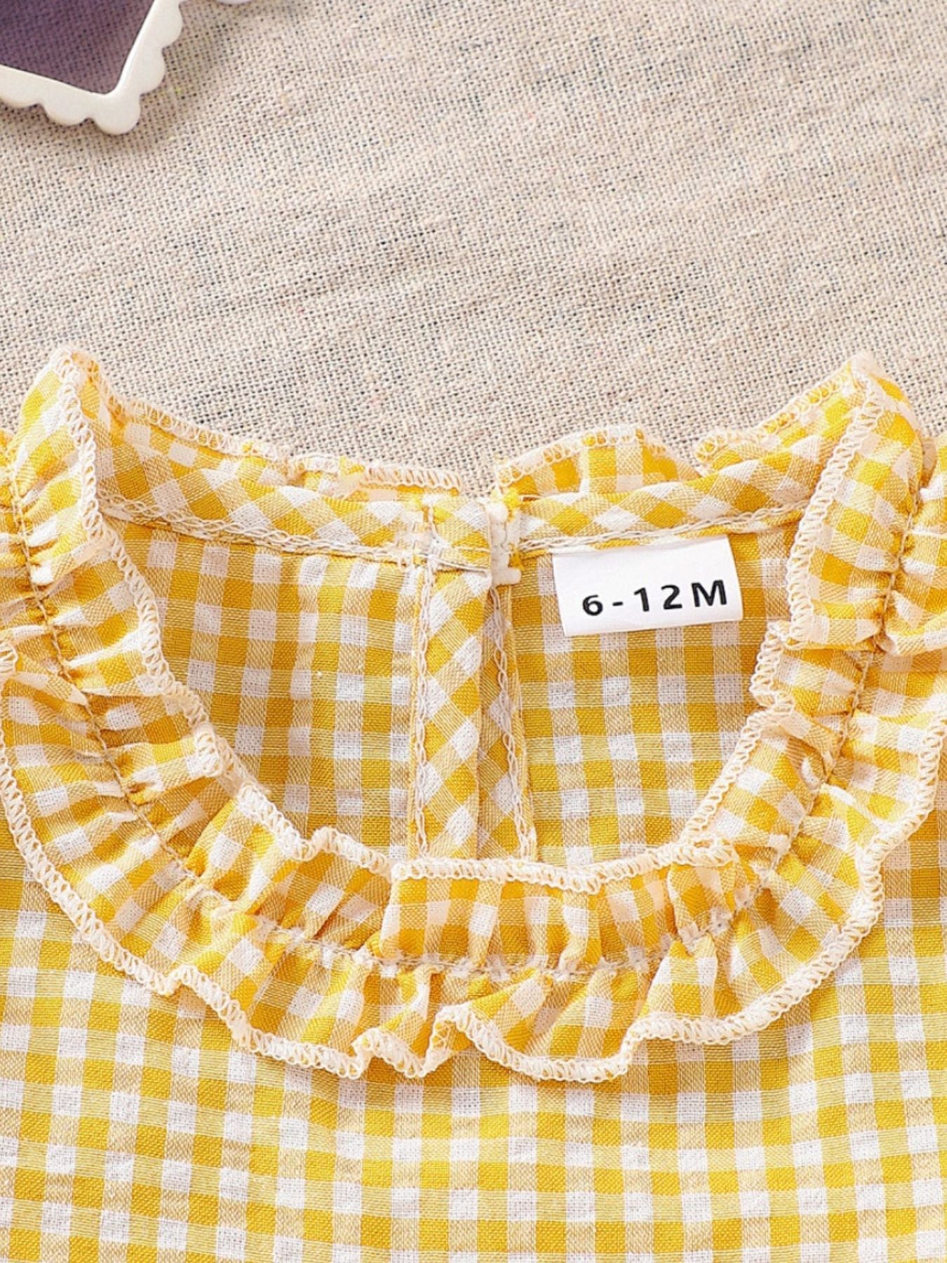 Yellow gingham cotton baby set with ruffled neckline detail