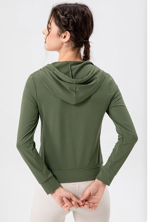 Matcha green performance fit hoodie with long sleeves and a drawstring hood.