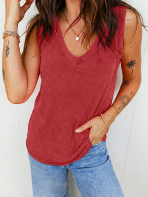 Washed cotton v-neck tank top in red, casual sleeveless basic style.