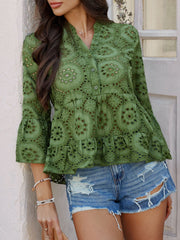 Moss green eyelet embroidered peplum blouse with ruffles and bell sleeves