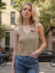 Beige cable knit tank top with V-neck and collar detail.