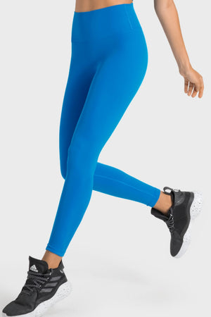 Blue seamless high-waist performance leggings with a sculpted fit.