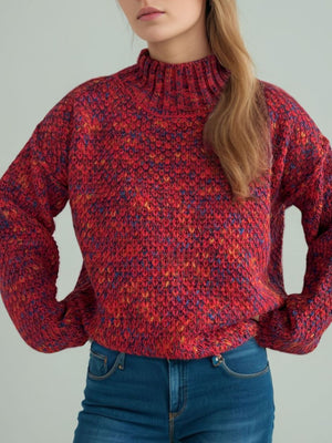 Textured mélange mock neck sweater in deep red with a speckled knit pattern and ribbed collar.
