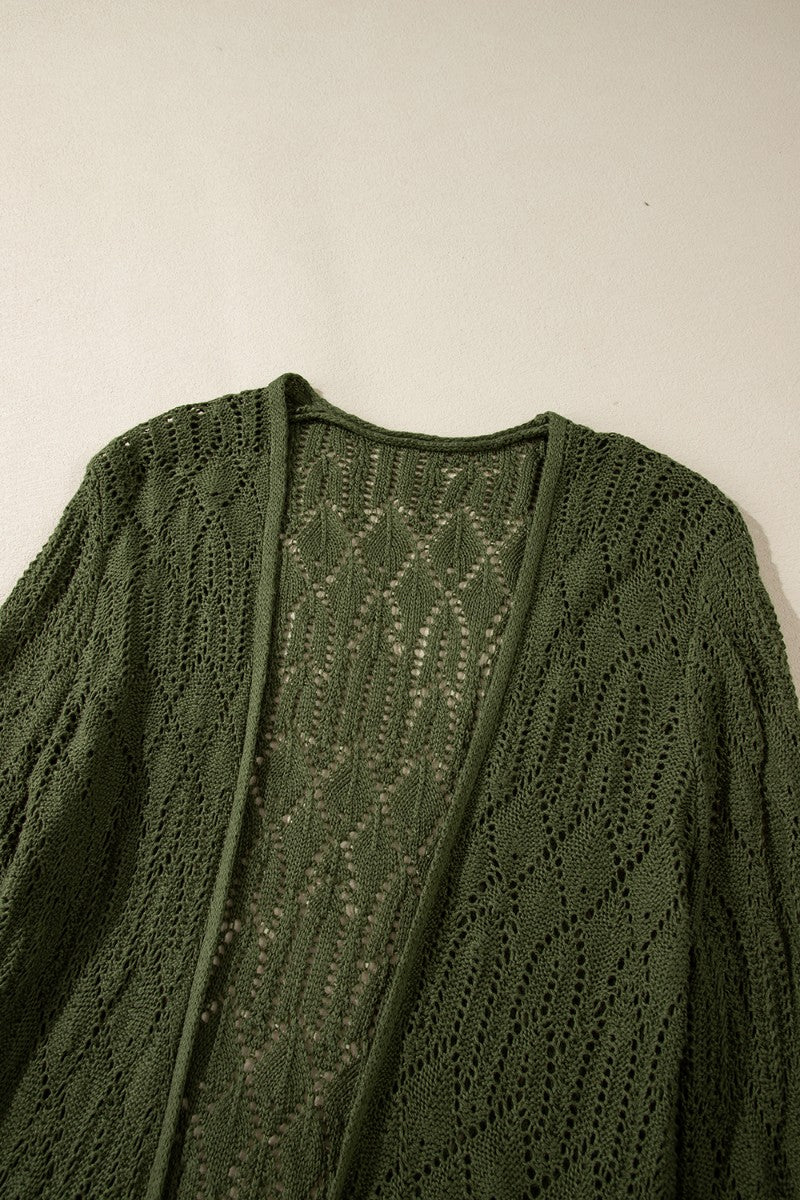Openwork maxi cardigan in army green acrylic with a diamond pattern.