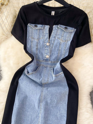 Denim patchwork short-sleeve dress with button-down front and chest pockets in light blue and black.