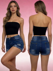 Dark blue distressed denim roll-up shorts with button fly and cuffed hems.
