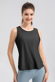 Black performance tank top with curved back panel and scoop neckline