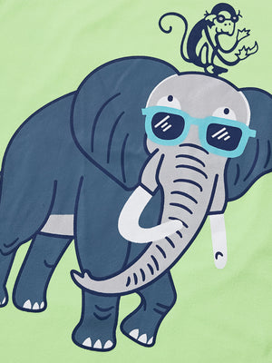 Toddler t-shirt with a cool elephant graphic wearing sunglasses and a monkey on its head.
