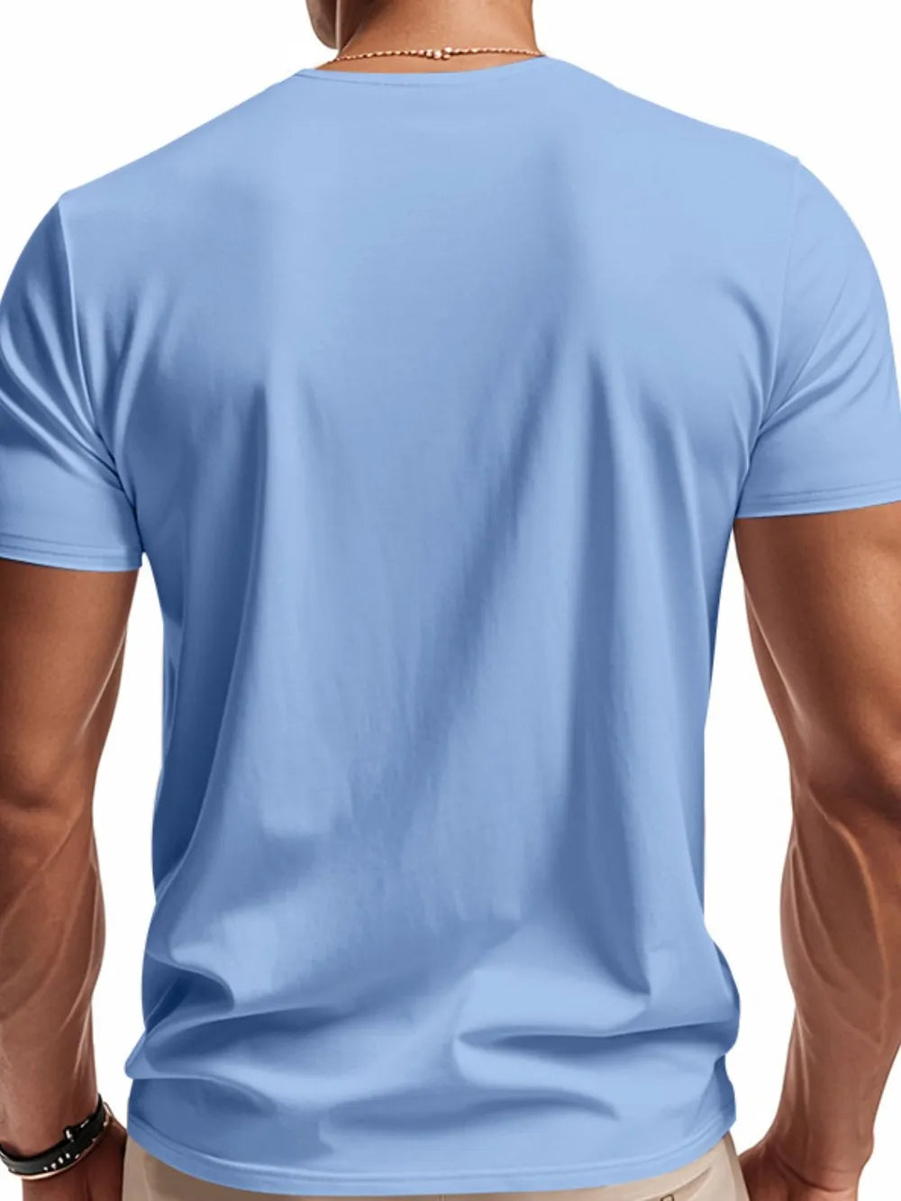 Light blue V-neck performance tee for men, back view.