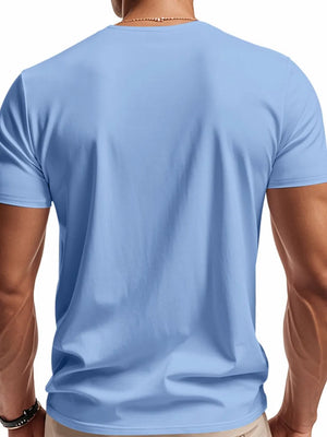 Light blue V-neck performance tee for men, back view.