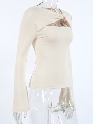Beige long-sleeve shirt with knot front cutout detail