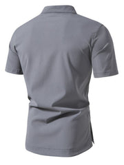 Men's gray cotton short sleeve band collar shirt with button detail
