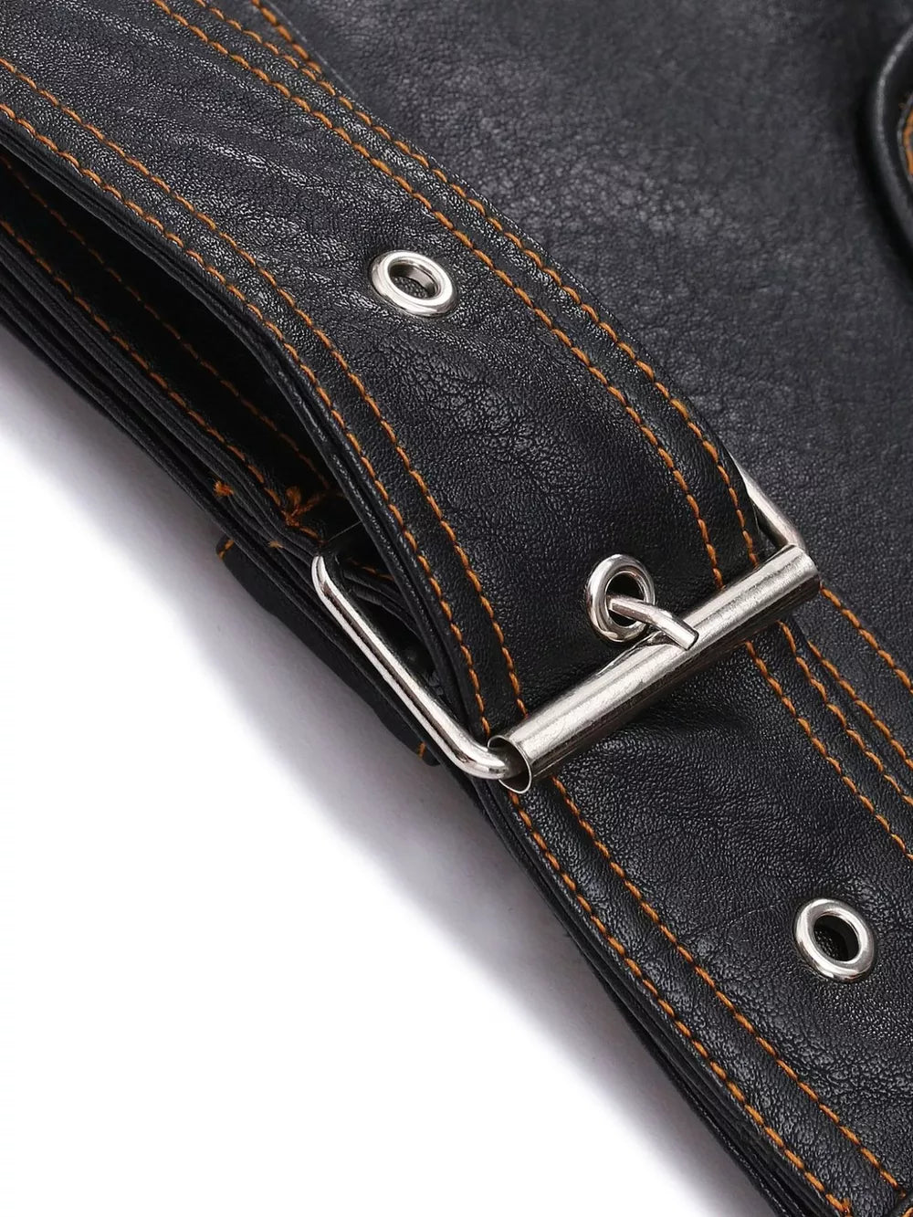 Black faux leather motorcycle coat detail with orange stitching and brass hardware buckle.