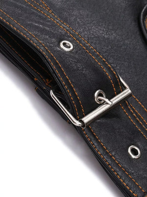 Black faux leather motorcycle coat detail with orange stitching and brass hardware buckle.