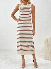 Striped ribbed sleeveless midi dress in cream with maroon stripes.