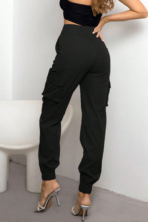 Black utility jogger trousers with cargo pockets and cuffed ankles.