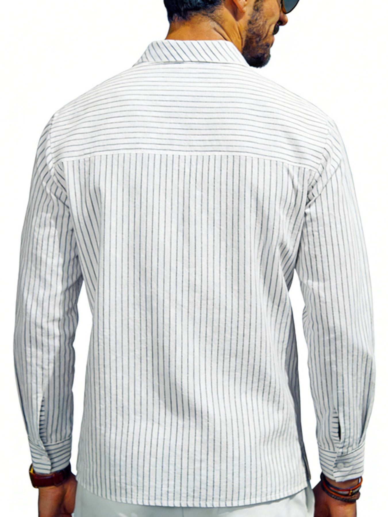 Men's white cotton blend long sleeve shirt with thin vertical stripes.