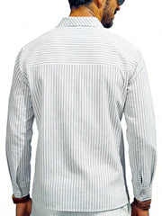Men's white cotton blend long sleeve shirt with thin vertical stripes.