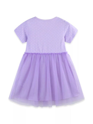 Lavender baby dress with white polka dots and a purple tulle skirt.