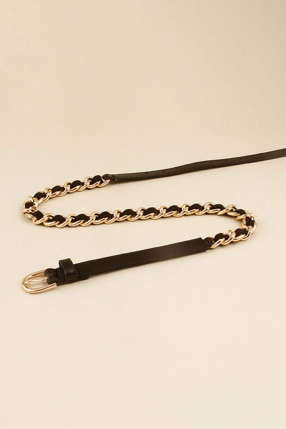 Black leather belt with gold chain link detail and buckle