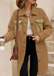 Beige sherpa coat with corduroy patch pockets and button front.