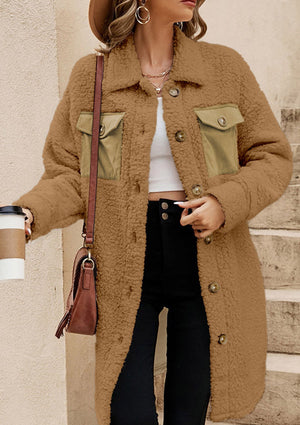 Beige sherpa coat with corduroy patch pockets and button front.