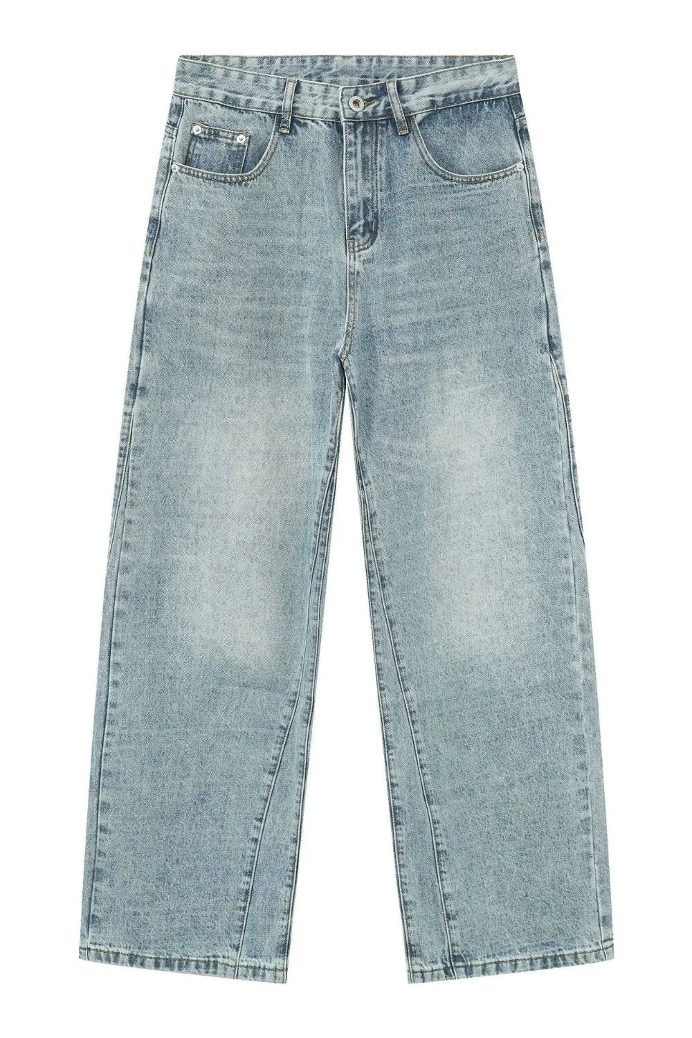 Wide-leg denim jeans in medium wash with subtle seam detail on the legs.