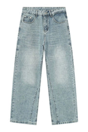 Wide-leg denim jeans in medium wash with subtle seam detail on the legs.