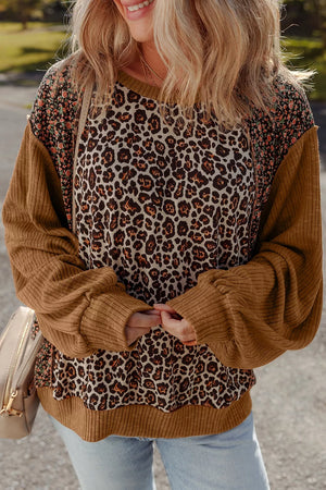 Leopard Floral Print Ribbed Puff Sleeve Sweatshirt in Brown, close-up detail