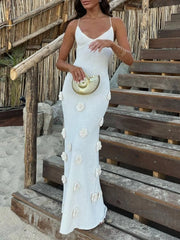 White cami gown with embroidered rose appliqués and a V-neck.