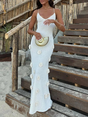White cami gown with embroidered rose appliqués and a V-neck.