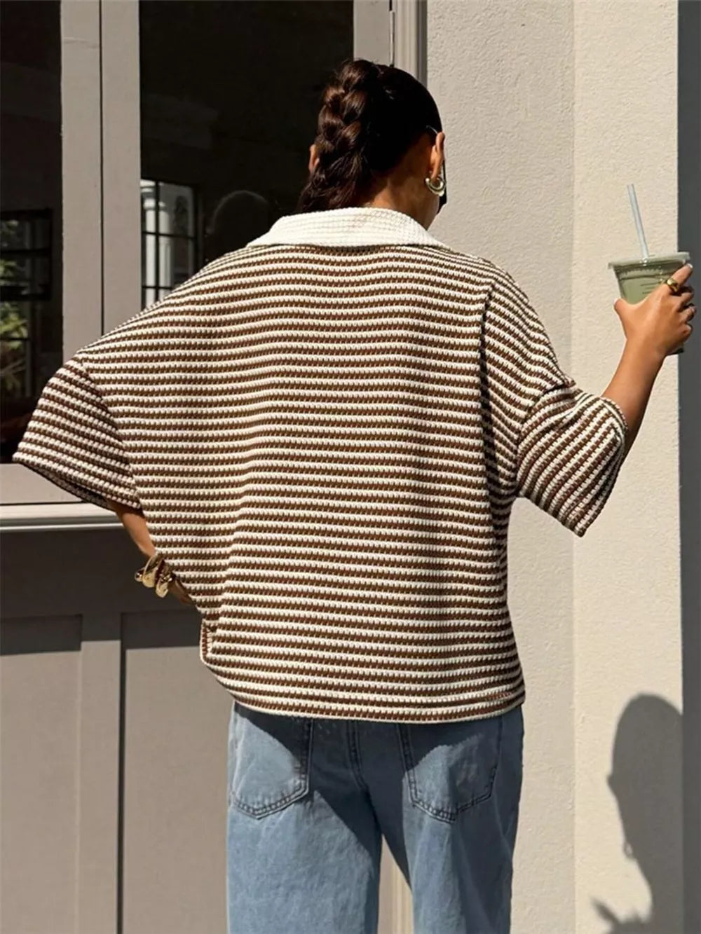 Striped Knit 3/4 Sleeve Polo Top in Brown, model styling view