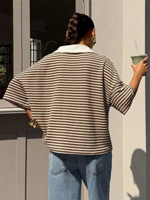Striped Knit 3/4 Sleeve Polo Top in Brown, model styling view