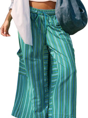 Coastal Stripe Cargo Culottes in Moss green and blue with drawstring waist and cargo pockets.