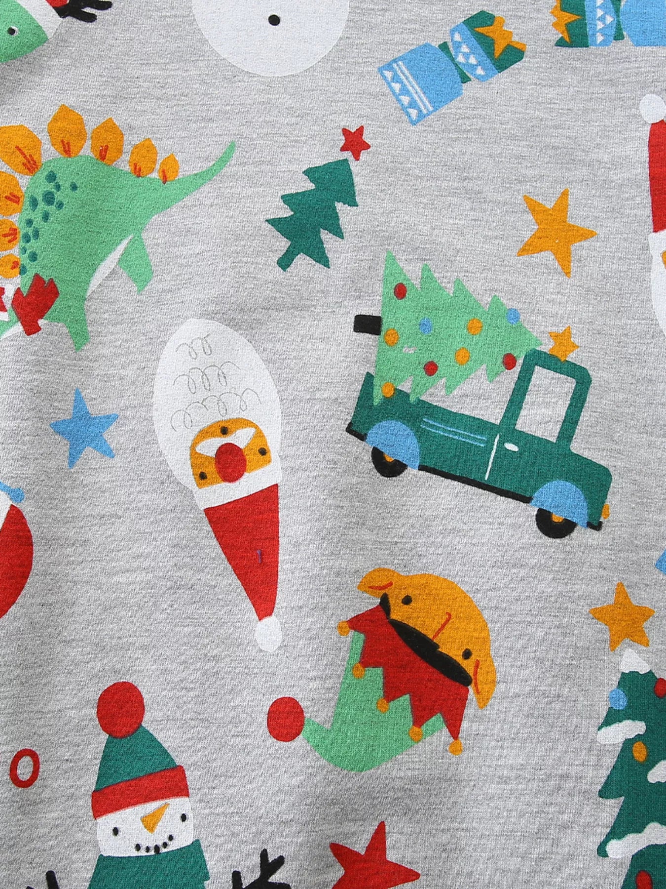 Gray crewneck sweatshirt with festive Christmas print including dinosaurs, snowmen, Santa, and trucks.