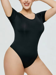 Black short sleeve scoop-neck bodysuit with high-cut legs