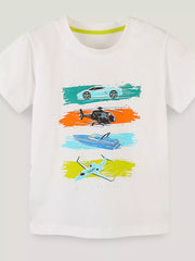 White cotton t-shirt with air, land, and sea vehicles graphic print.