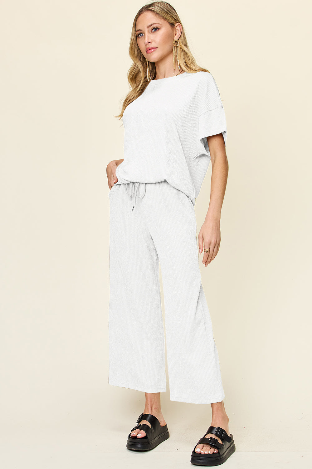 White waffle knit lounge set with drawstring pants and short sleeve top