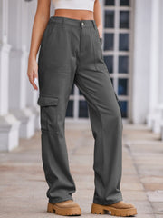 Utility pocket wide-leg cargo pants in dark gray with multiple pockets and a relaxed fit.