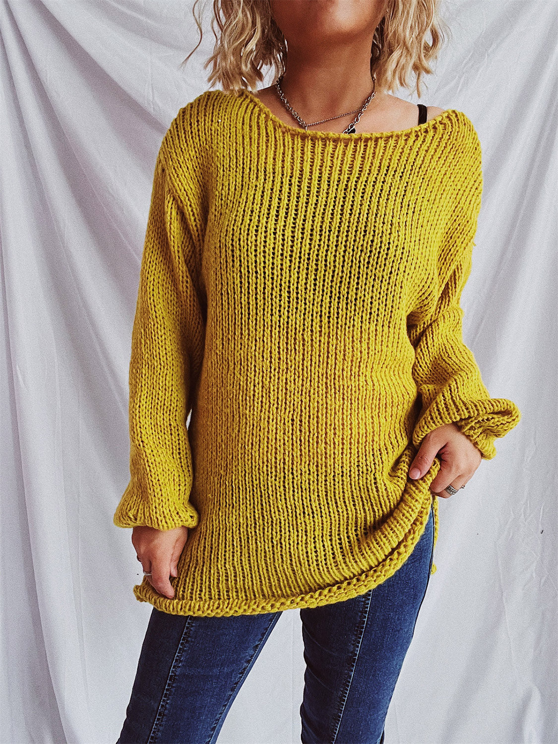 Open-knit slouchy boatneck pullover in turquoise, white, blush pink, or mustard acrylic.